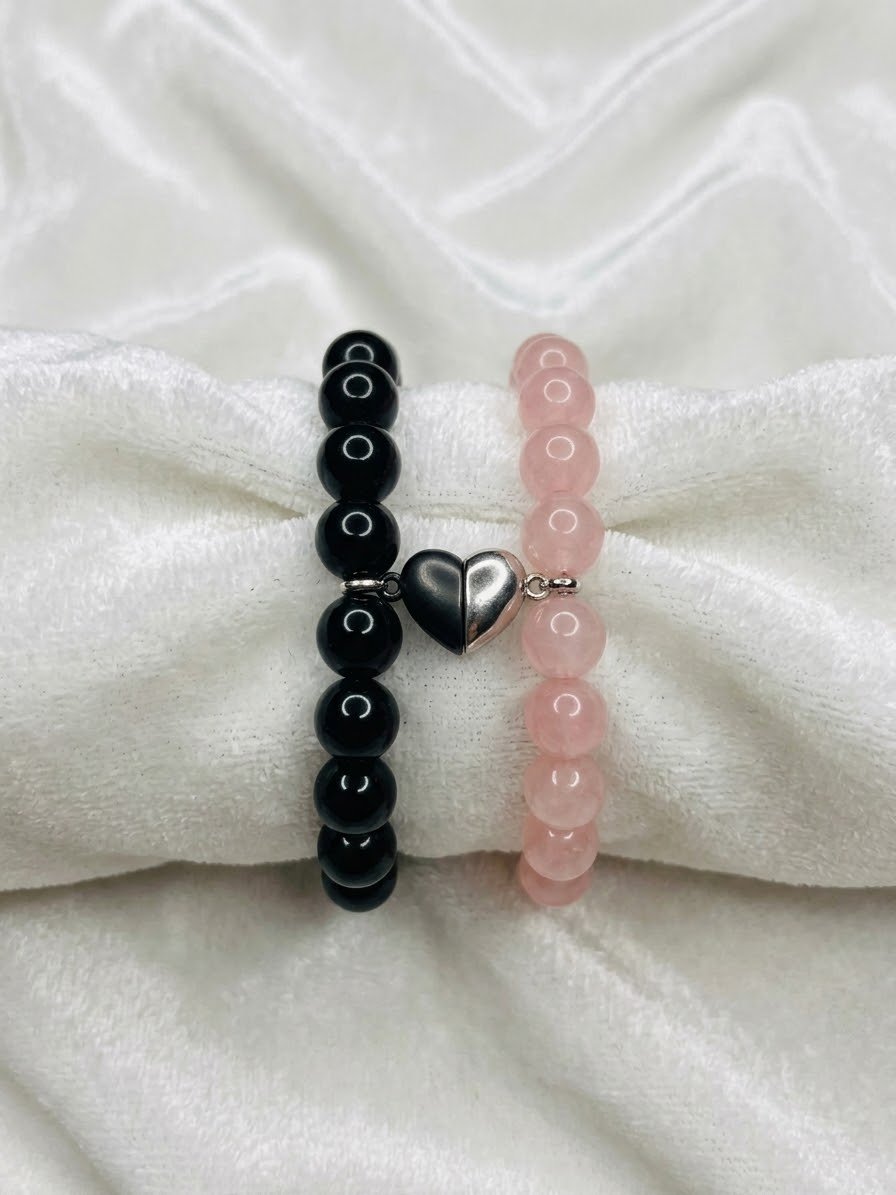 Rose Quartz & Black Onyx Magnetic Heart Bracelets