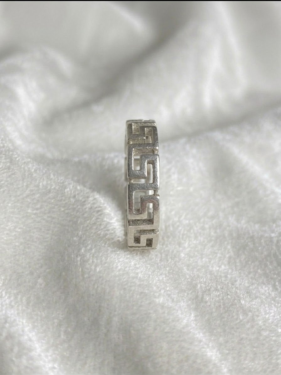 Silver Versace-Style Greek Key Pattern Ring