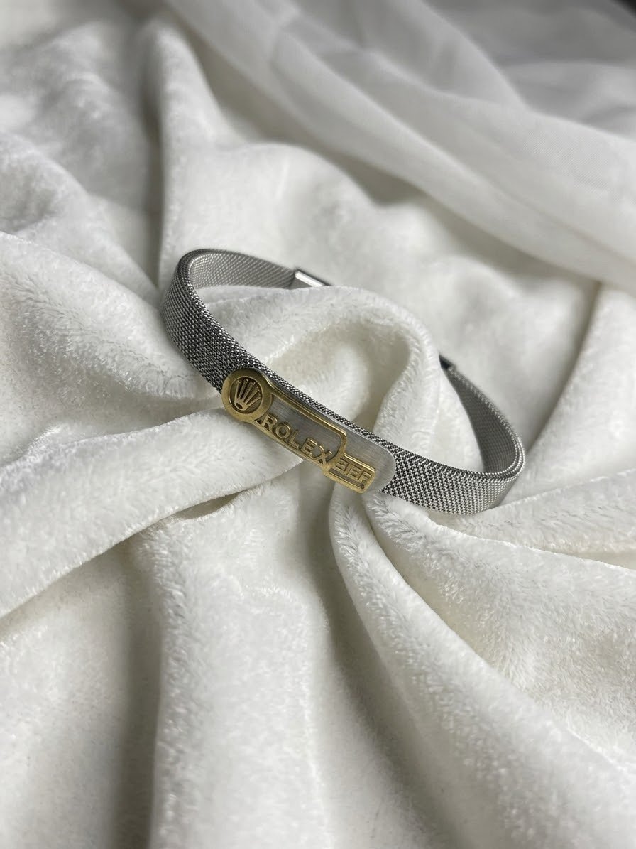 Rolex-Style Crown Silver Mesh Cuff Bracelet