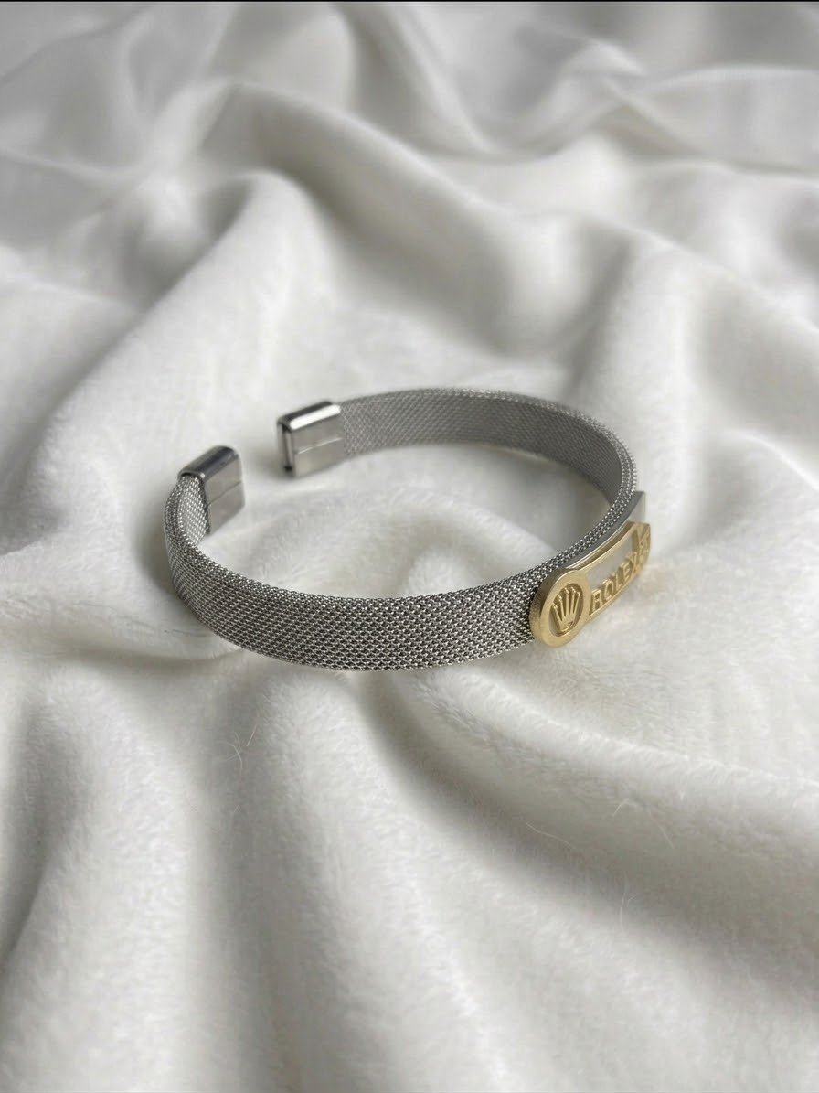 Rolex-Style Crown Silver Mesh Cuff Bracelet