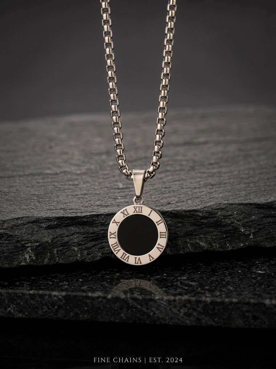 Roman Numeral Black Onyx Coin Pendant Chain
