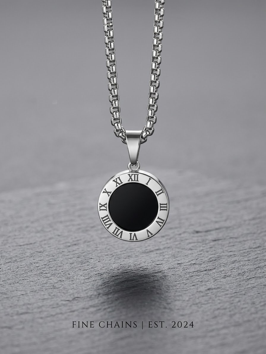 Roman Numeral Black Onyx Coin Pendant Chain