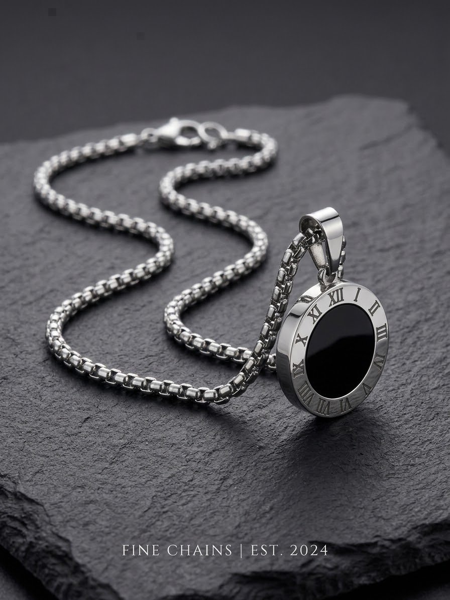 Roman Numeral Black Onyx Coin Pendant Chain